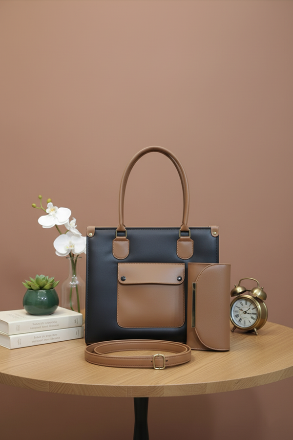Elegant Two-Tone Leather Tote Bag Set