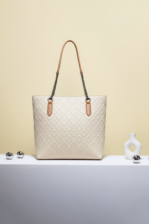 Quilted Pattern Structured Tote Bag with Chain Handles