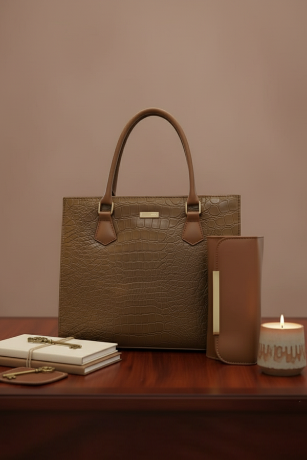 Croc-Embossed Tote Bag with Matching Clutch