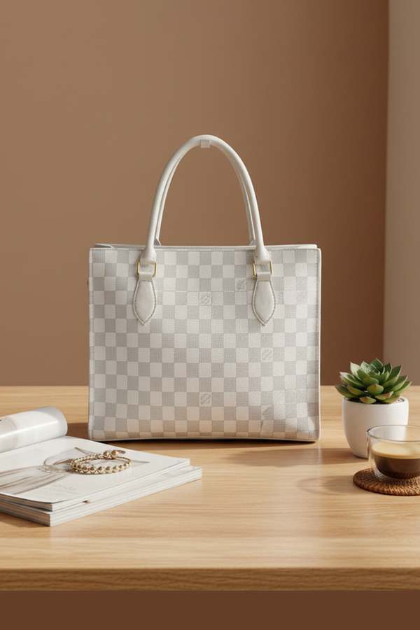 White Kaeluxe Checkered Signature Tote