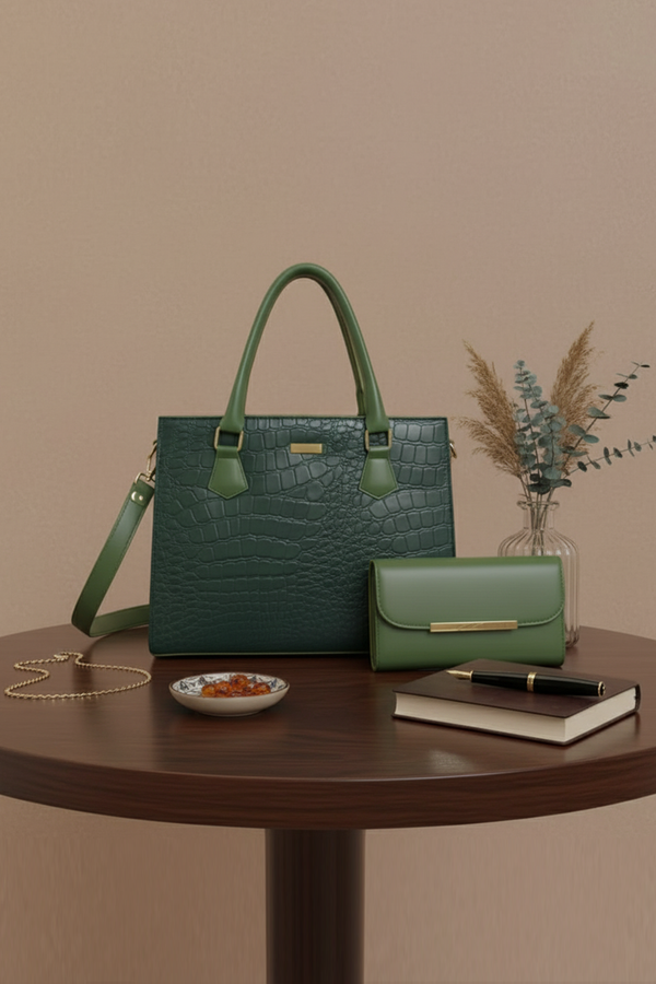 Croc-Embossed Tote Bag with Matching Wallet