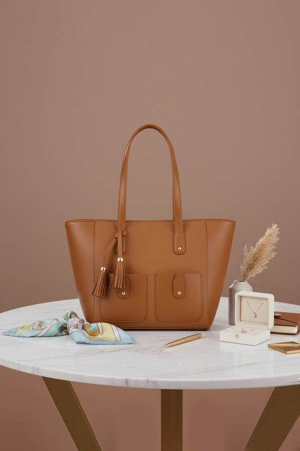 Stylish Women’s Tote Bag with Dual Front Pockets and Tassel Detail