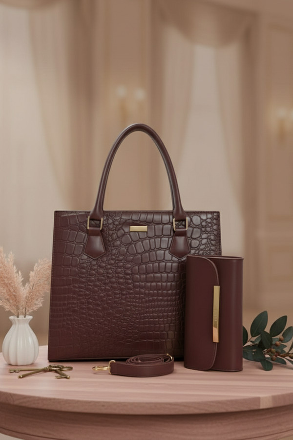 Croc-Embossed Tote Bag with Matching Clutch