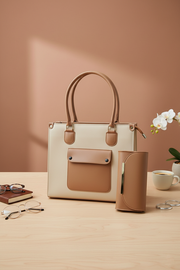 Two-Tone Leather Tote Bag with Matching Wallet Set