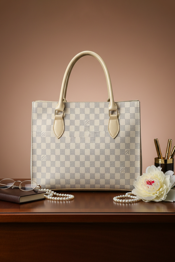 Beige Kaeluxe Checkered Signature Tote