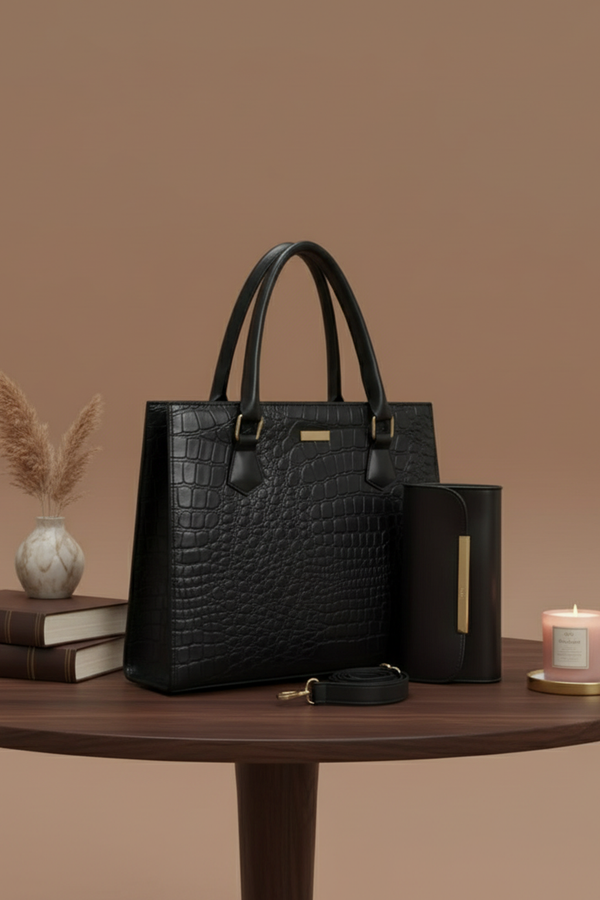 Croc-Embossed Tote Bag with Matching Clutch