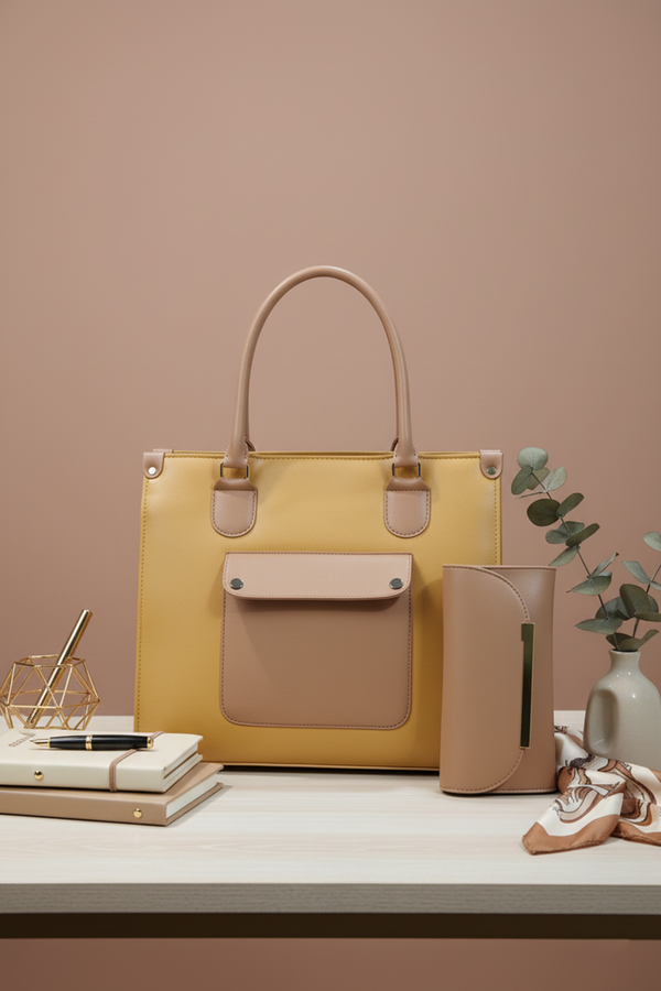 Two-Tone Mustard Yellow Tote Bag with Matching Wallet Set