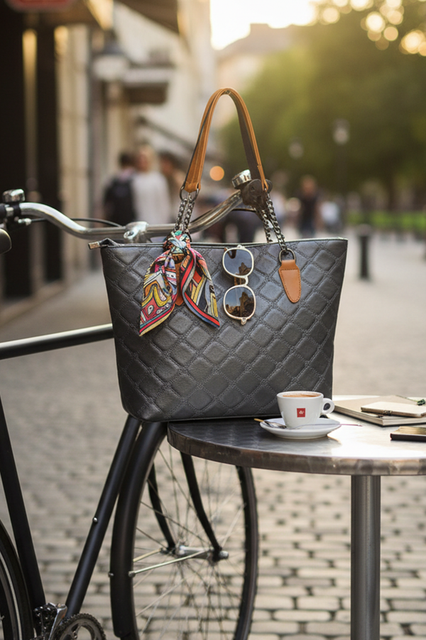Quilted Pattern Tote Bag with Chain Handles