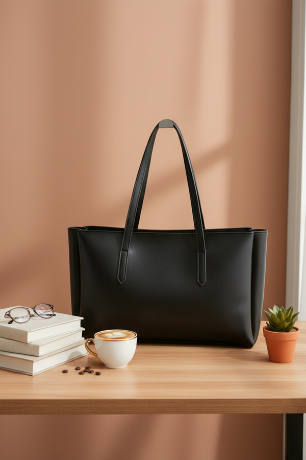 Classic Black Leather Tote Bag