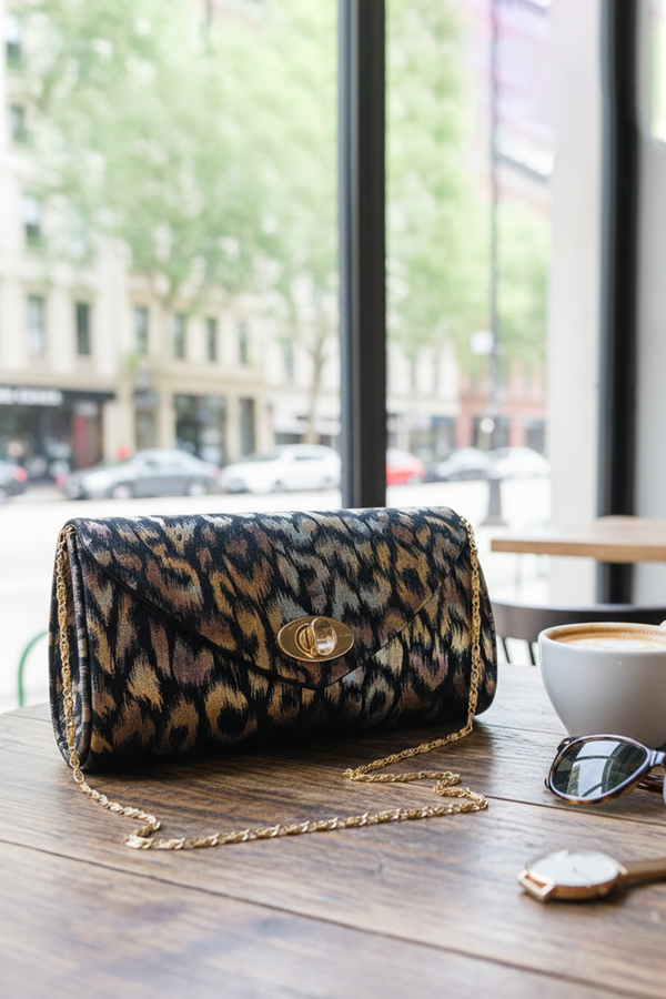 Leopard Print Clutch Bag with Chain Strap