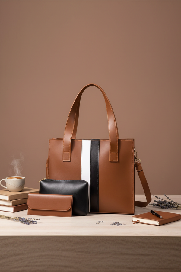 3-in-1 Brown Tote Bag Set with Stripe Design