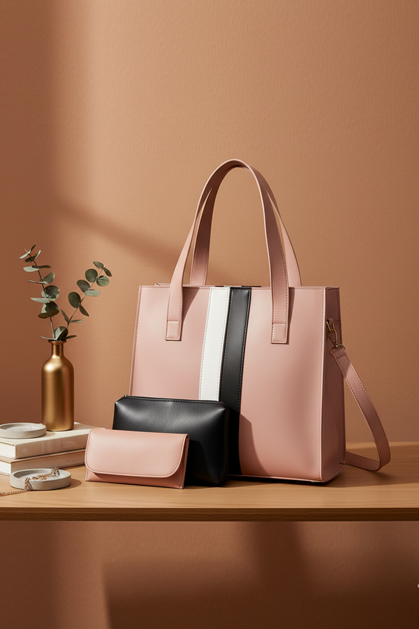 3-in-1 Blush Pink Tote Bag Set with Stripe Design