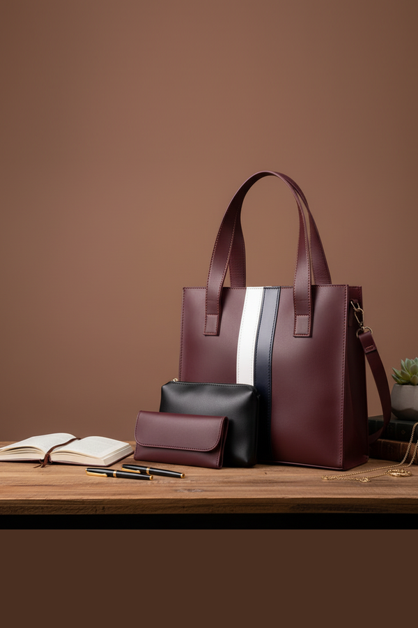 3-in-1 Burgundy Tote Bag Set with Stripe Accent