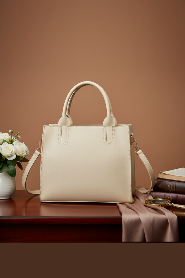Classic Beige Structured Tote Bag with Detachable Strap
