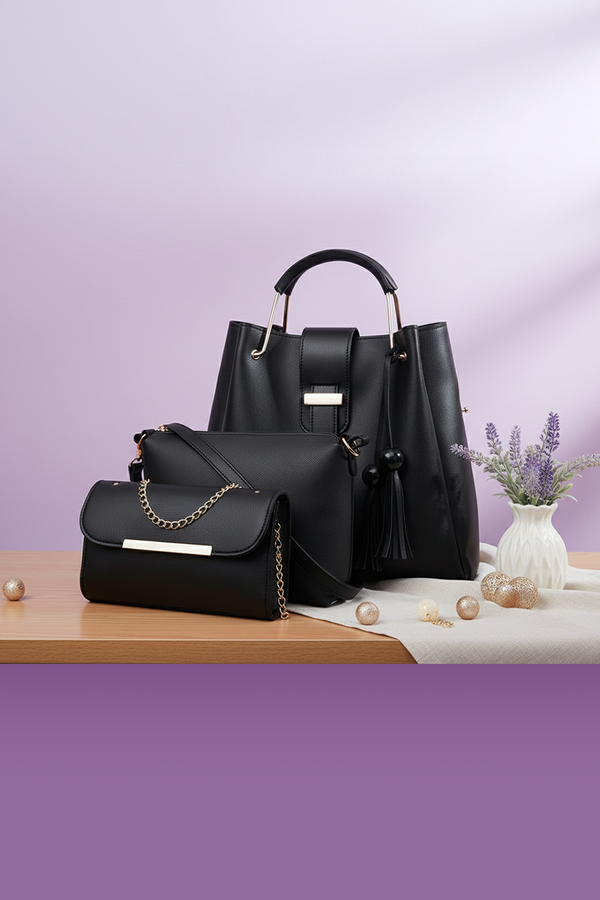 3-Piece Luxury Handbag Set with Gold Accents