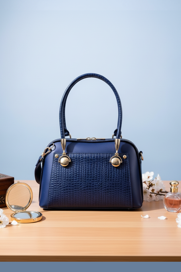 navy croc‑embossed handbag gold hardware