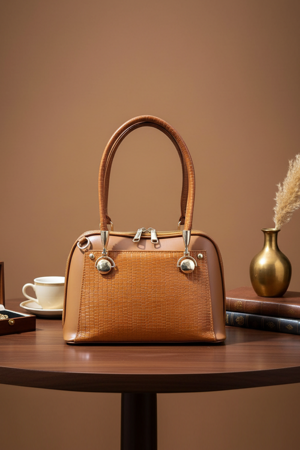 Elegant Textured Leather Handbag with Gold Accents