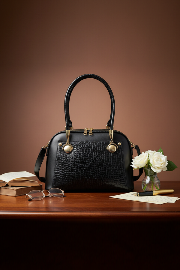 Elegant Textured Leather Handbag with Gold Accents